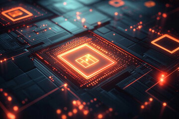 Glowing central processing unit on a circuit board with orange lights technology background