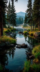 Obraz premium Misty Mountain Stream Reflection