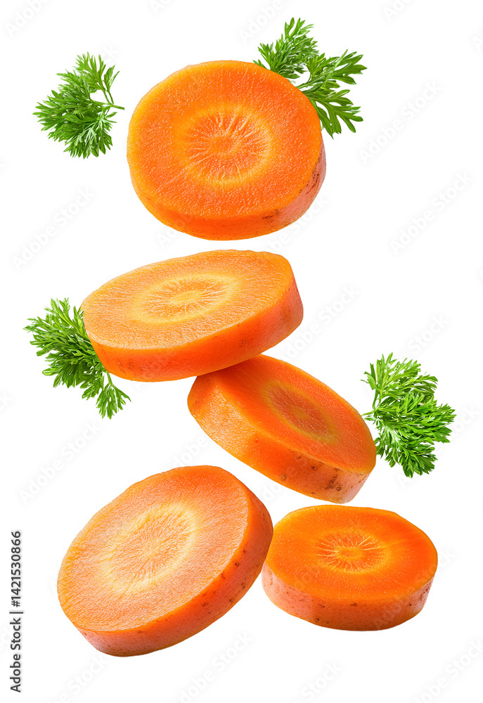 Poster carrot slice isolated. carrots with parsley flying on white background. perfect retouched carrot sli
