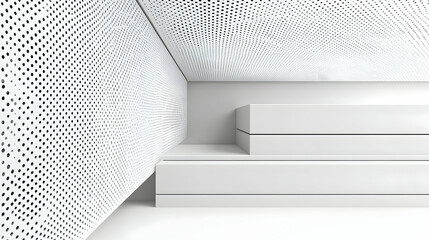 Modern minimalist architecture interior with perforated metal wall and stepped platform.  Clean lines and white tones create a sophisticated and sleek aesthetic.