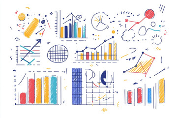 Obraz premium Colorful hand drawn charts graphs and diagrams business data visualization infographic