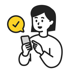 スマートフォンで完了操作をする若い女性のシンプルなベクターイラスト素材

