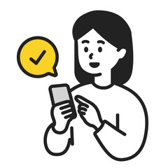 スマートフォンで完了操作をする若い女性のシンプルなベクターイラスト素材
