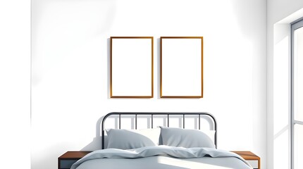 A delicate watercolor painting of a minimalist bedroom interior, featuring two framed blank posters above the bed, rendered in contrasting chiaroscuro lighting, translucent washes, fluid brushstrokes
