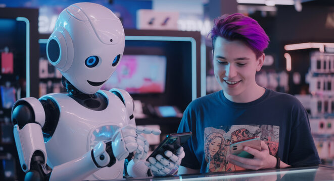 Teen interacting with humanoid robot in technology store