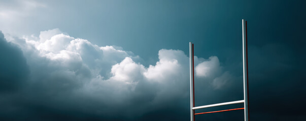 rugby goal post stands tall against dramatic sky filled with dark clouds, creating striking contrast that evokes sense of anticipation and intensity