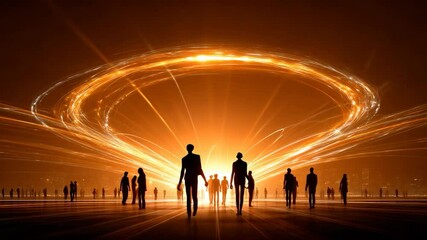 Silhouetted figures walk into a bright, glowing portal of light