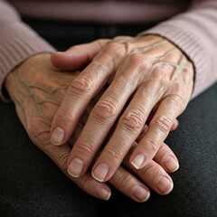 Fototapeta premium Hands of an old woman close up. hands of the elderly person. Hands of an old woman folded one over the other. Elderly woman with folded hands. 