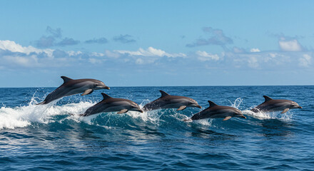Fototapeta premium Dolphins Jumping Out of Water in the Open Ocean