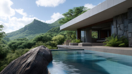 stunning cliffside resort featuring luxurious infinity pool, surrounded by lush greenery and majestic mountains, offers serene escape into nature beauty