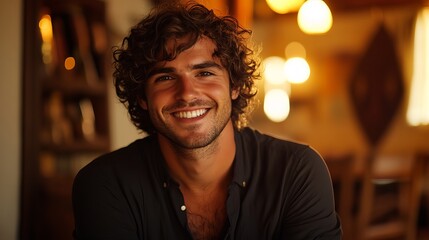 Fototapeta premium Portrait of a happy smiling young man with curly hair men guy face male warm model style human adult