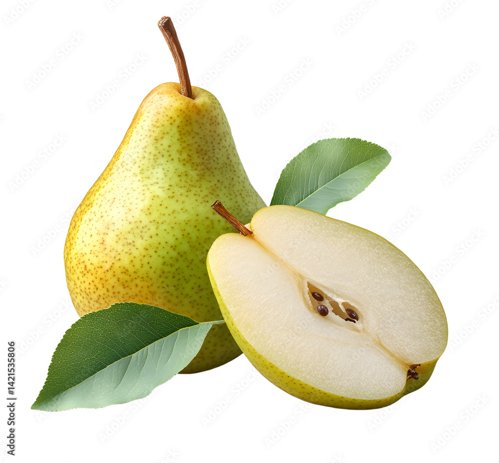 Poster pear with leaf isolated png. green pear with a half on transparent background. png format. pear with