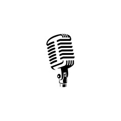 A retro-style microphone illustrated in black and white, reminiscent of the classic 1950s design. It features vertical grill lines and a mounting bracket, evoking a nostalgic vibe often associated wit
