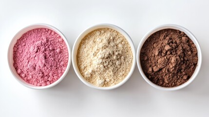 Colorful Protein Powder in White Bowls on White Background with Soft Lighting