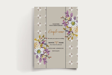 WEDDING INVITATION FRAME WITH FLOWER DECORATIONS AND FRESH LEAVES