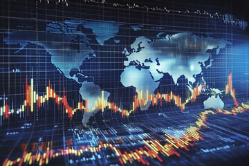 Global market trends visualized on a digital world map showing stock market data and financial indicators