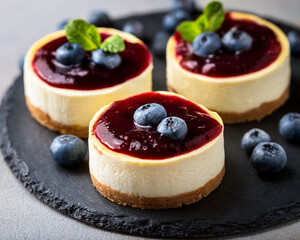 A delicious baked cheesecake and fruit cake, both adorned with fresh red strawberries, blueberries, and raspberries, offer a gourmet berry dessert