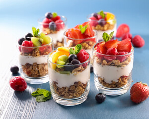 A delicious and healthy breakfast dessert of fresh yogurt swirled with sweet red raspberries and blueberries