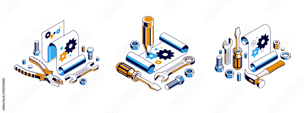 Poster mechanical engineering project in embodiment implementation concept set, engine draft plan drawing a