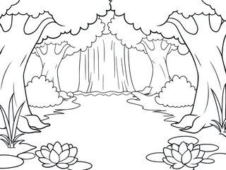 Black and white illustration of a serene forest scene.