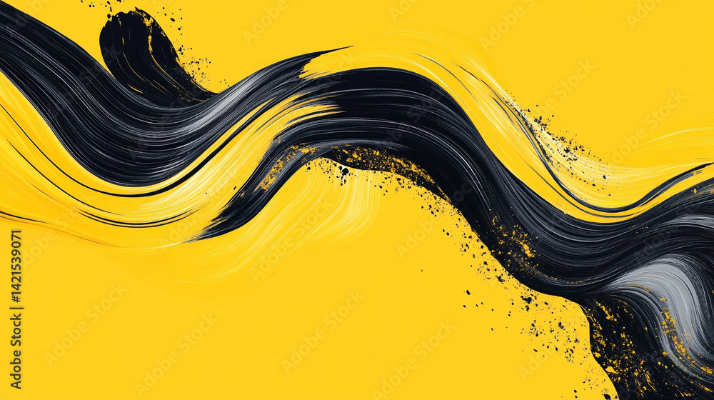 Poster abstract high contrast yellow and black waves creating dynamic wallpaper design with fluid brush str