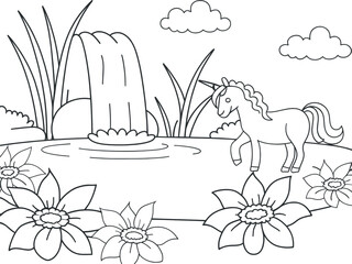Cute unicorn by a waterfall coloring page