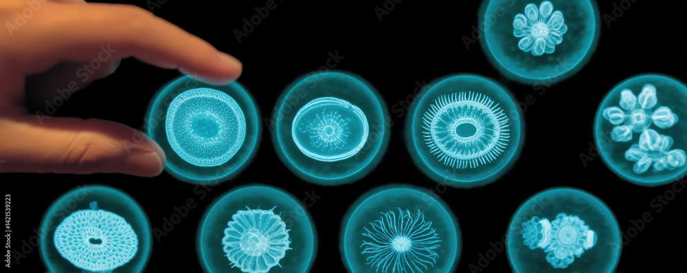 Aufkleber Microscopic ocean organisms are displayed in glowing circular forms, showcasing their intricate structures. hand reaches towards them, emphasizing their delicate beauty and complexity
