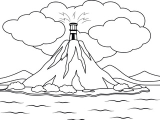 Black and white illustration of a volcano erupting on an island.