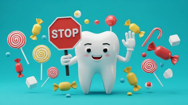 Cartoon tooth character warning against candy consumption  