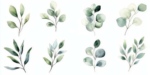 Fototapeta premium Botanical Harmony Delicate Leaf Clusters in Muted Greens and Blues on White Background - Nature's Elegance and Tranquility Captured with Soft Watercolor Texture