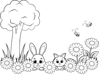 Cute Cartoon Animals and Flowers Coloring Page