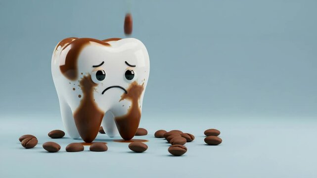Cartoon tooth with a sad expression covered in chocolate stains  