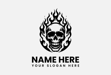 Minimalist fire skull logo template, modern burning skull vector illustration for edgy branding
