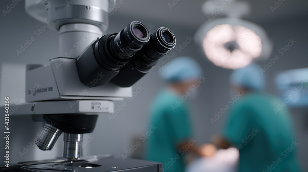 Poster close up view of microscope with dual eyepieces, showcasing its intricate design and functionality m