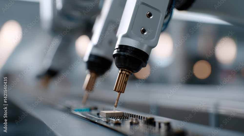 Poster robotic arms performing precision soldering on circuit board, showcasing advanced technology and aut
