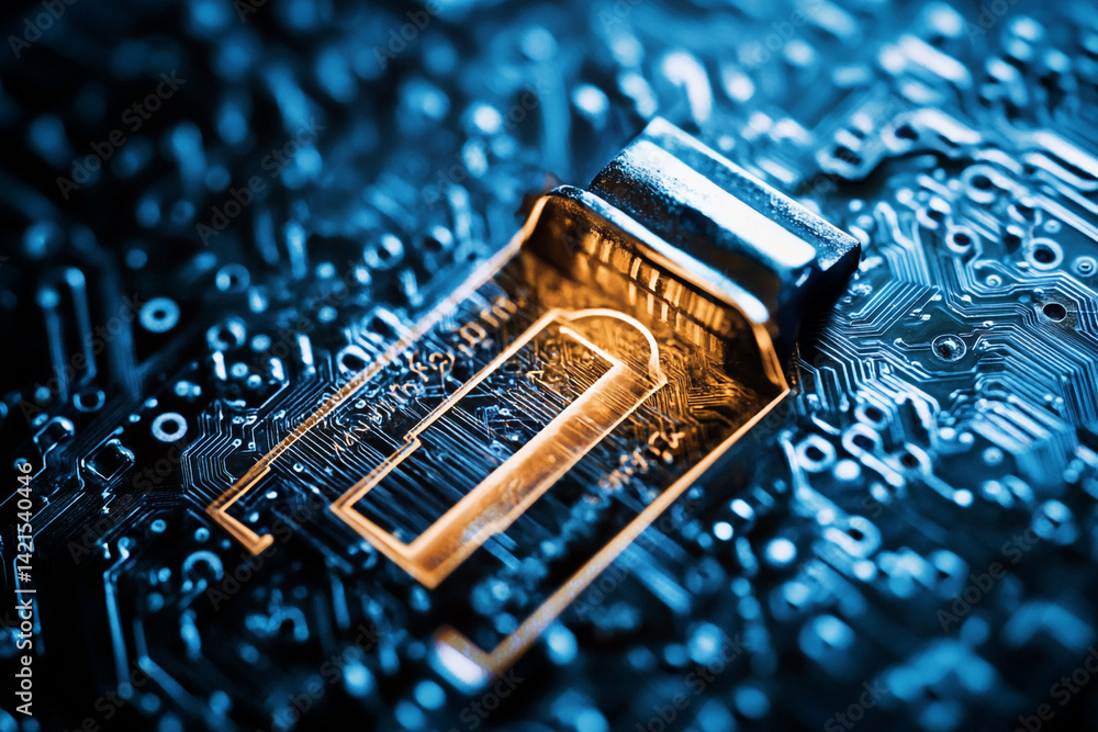 Poster digital keyhole on circuit board glowing technology security access
