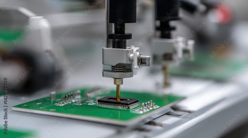 Poster automated soldering process green circuit board using robotic arms, showcasing precision and technol