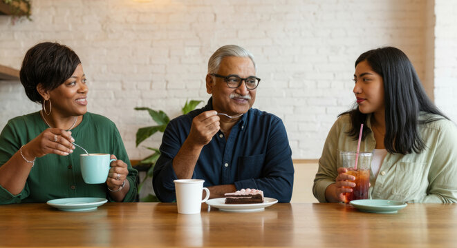 Casual conversation among diverse adults enjoying coffee and cake - Powered by Adobe