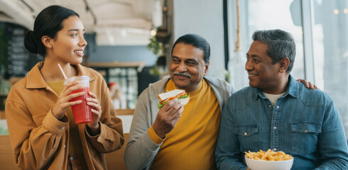 Obraz premium Young hispanic female and mature male friends enjoying snacks and drinks in a cafe