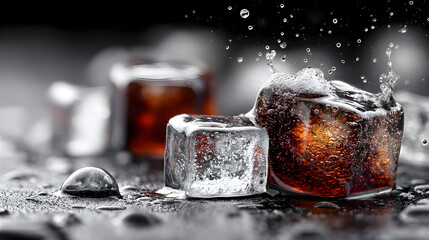 Ice Cubes and Beverage Splash on Dark Surface