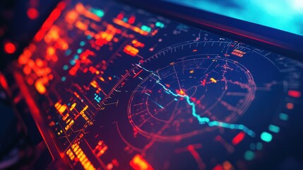 Digital radar screen displaying complex data analysis and dynamic charts