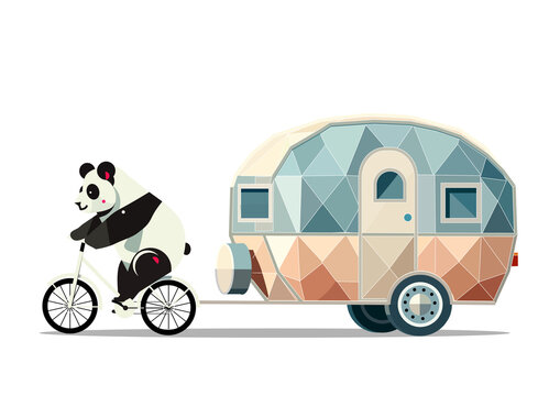 Panda auf Fahrrad zieht geometrisch gestalteten Wohnmobilanh&auml;nger. Niedliche, moderne Illustration mit polygonalen Formen, klaren Farben und wei&szlig;em Hintergrund in humorvollem Designstil.