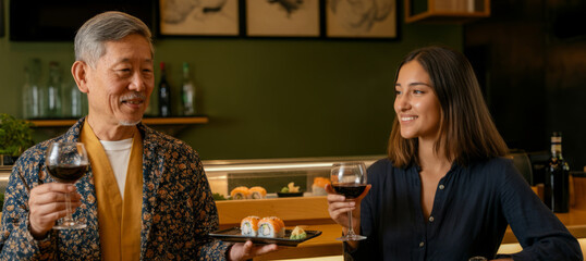 Mature asian male server and young hispanic female dining and toasting in sushi restaurant