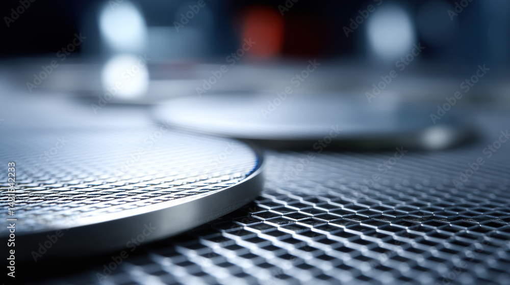 Poster close up view of silicon wafers on textured surface, showcasing their smooth edges and reflective su