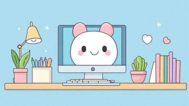 Cute cartoon animal character on computer screen with plants and stationery in a bright creative workspace