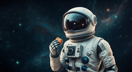 Astronaut enjoying snack in space helmet suit against starry backdrop