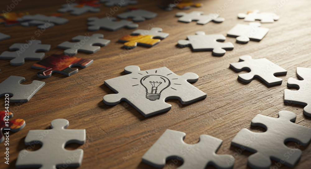 Poster brilliant idea jigsaw puzzle piece with lightbulb symbol representing innovation and problem solving