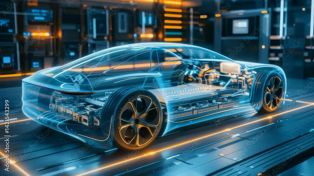 Poster a futuristic automotive design is showcased with a transparent chassis, revealing interior mechanism