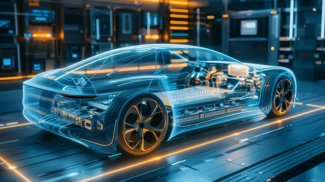 A futuristic automotive design is showcased with a transparent chassis, revealing interior mechanisms and advanced engineering. Neon lines illuminate vehicle and the floor, creating high-tech ambiance