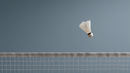 shuttlecock is frozen mid air above net, showcasing dynamic moment in badminton game. isolated action captures excitement and precision of sport